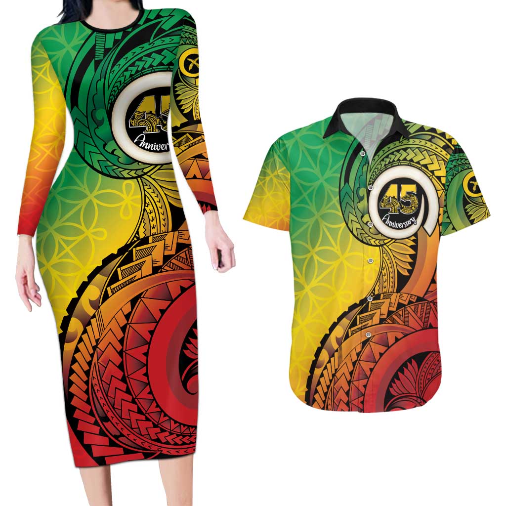 Vanuatu 45th Independence Anniversary Couples Matching Long Sleeve Bodycon Dress and Hawaiian Shirt Ni-Van Sandroing - Polynesian Pride