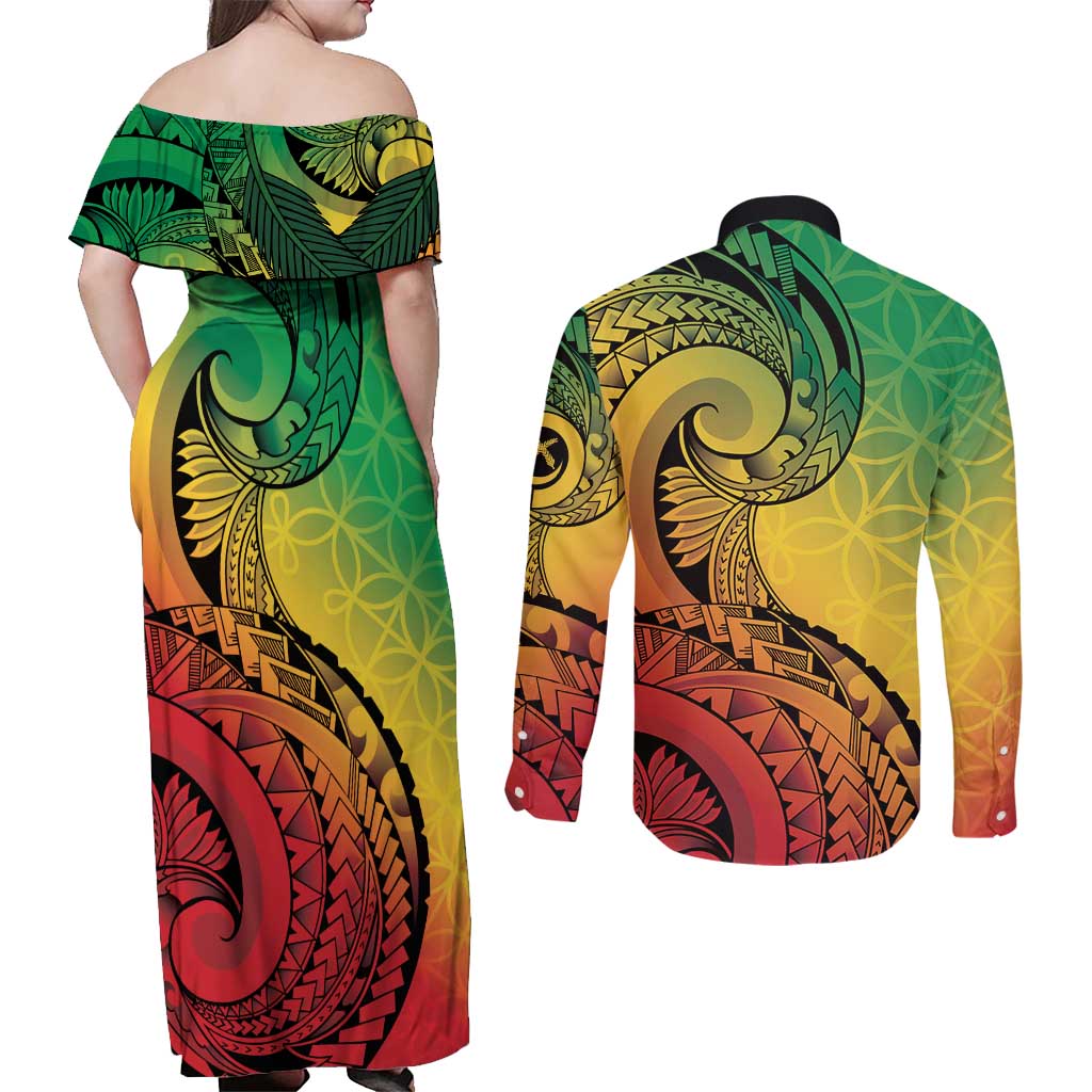 Vanuatu 45th Independence Anniversary Couples Matching Off Shoulder Maxi Dress and Long Sleeve Button Shirt Ni-Van Sandroing - Polynesian Pride