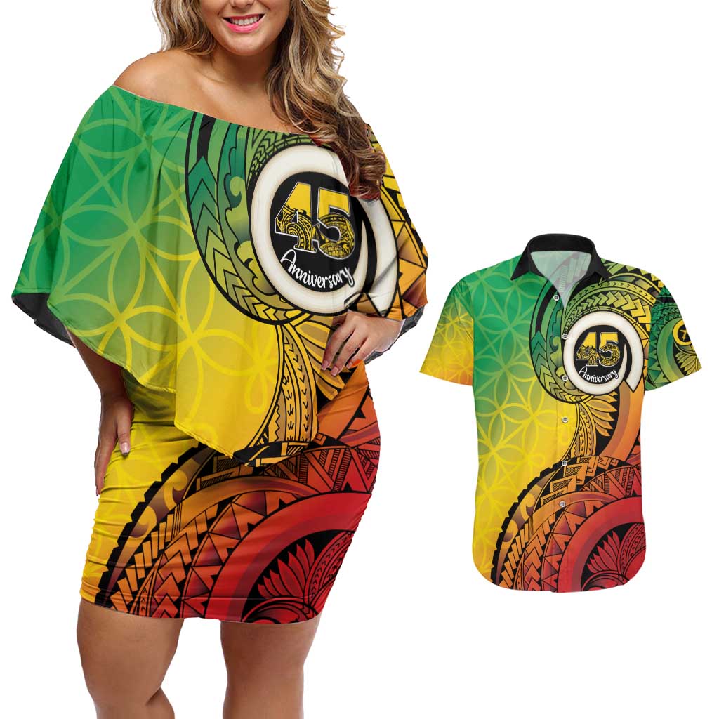Vanuatu 45th Independence Anniversary Couples Matching Off Shoulder Short Dress and Hawaiian Shirt Ni-Van Sandroing - Polynesian Pride