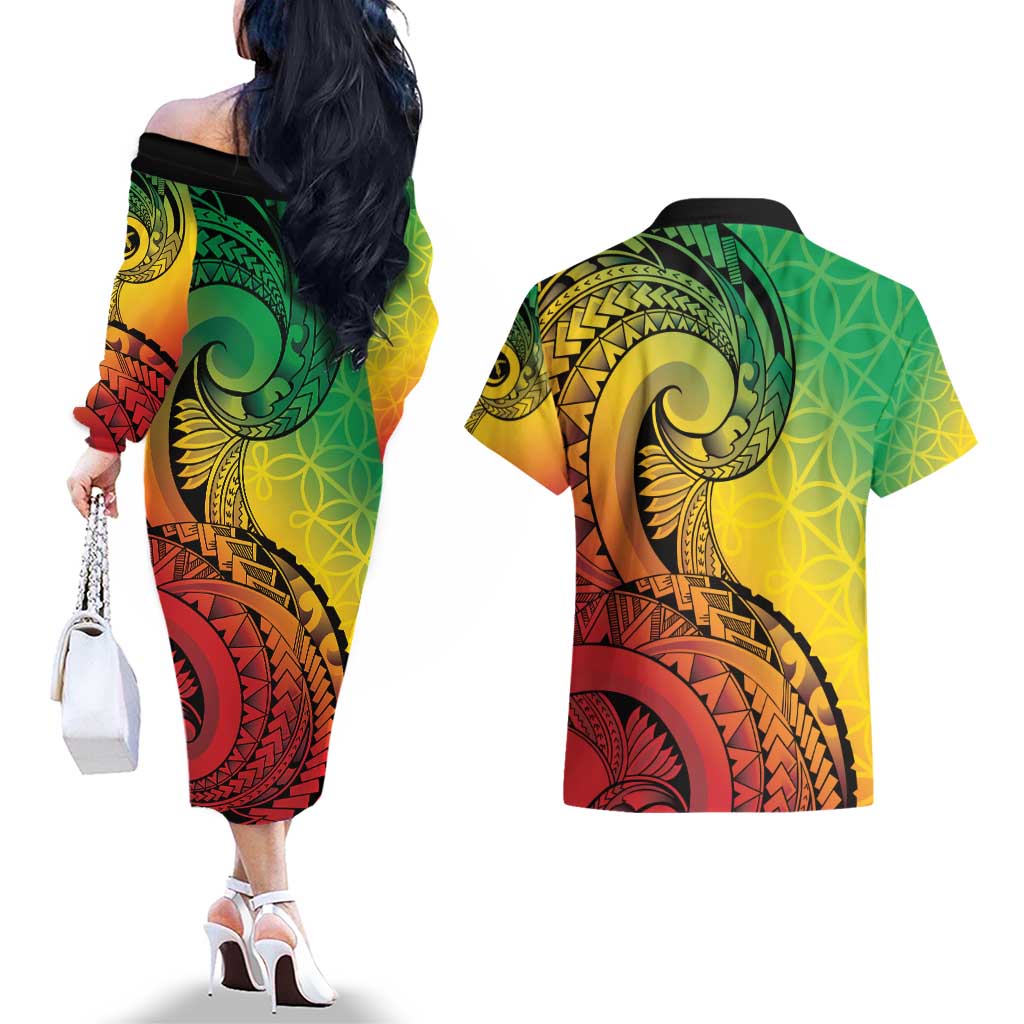 Vanuatu 45th Independence Anniversary Couples Matching Off The Shoulder Long Sleeve Dress and Hawaiian Shirt Ni-Van Sandroing - Polynesian Pride