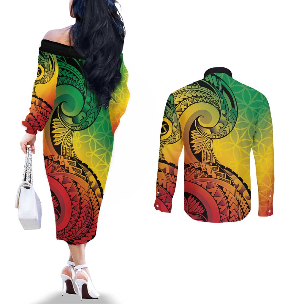 Vanuatu 45th Independence Anniversary Couples Matching Off The Shoulder Long Sleeve Dress and Long Sleeve Button Shirt Ni-Van Sandroing - Polynesian Pride