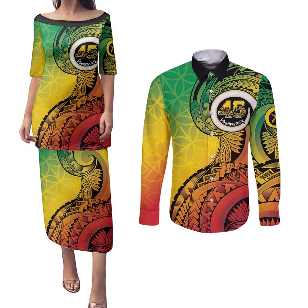 Vanuatu 45th Independence Anniversary Couples Matching Puletasi and Long Sleeve Button Shirt Ni-Van Sandroing - Polynesian Pride