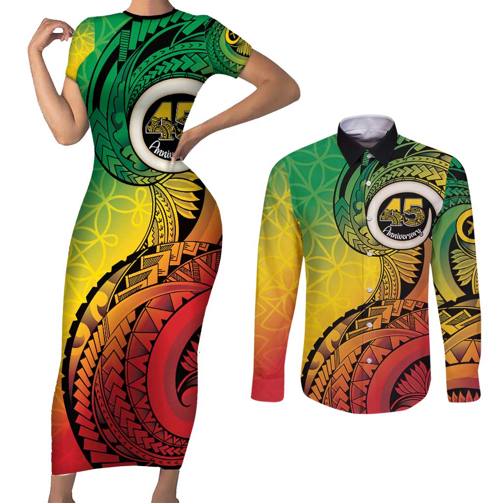 Vanuatu 45th Independence Anniversary Couples Matching Short Sleeve Bodycon Dress and Long Sleeve Button Shirt Ni-Van Sandroing - Polynesian Pride