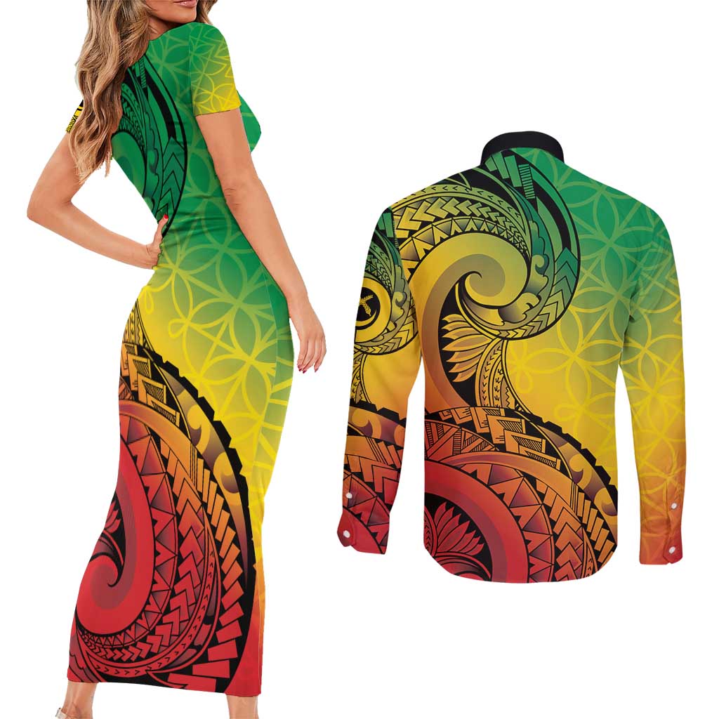 Vanuatu 45th Independence Anniversary Couples Matching Short Sleeve Bodycon Dress and Long Sleeve Button Shirt Ni-Van Sandroing - Polynesian Pride
