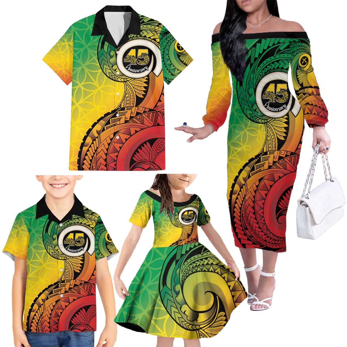 Vanuatu 45th Independence Anniversary Family Matching Off The Shoulder Long Sleeve Dress and Hawaiian Shirt Ni-Van Sandroing - Polynesian Pride