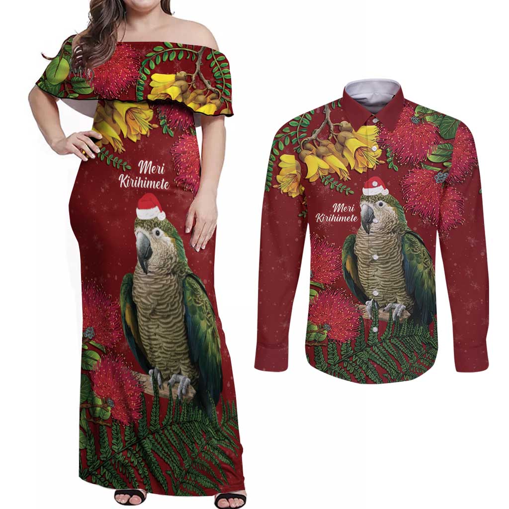 Kakapo Bird New Zealand Couples Matching Off Shoulder Maxi Dress and Long Sleeve Button Shirt Floral Christmas