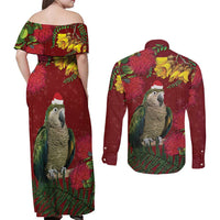 Kakapo Bird New Zealand Couples Matching Off Shoulder Maxi Dress and Long Sleeve Button Shirt Floral Christmas