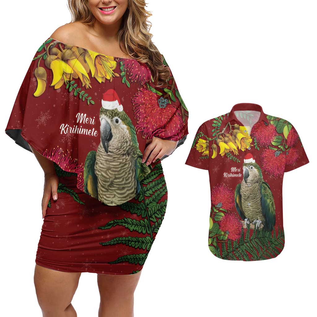 Kakapo Bird New Zealand Couples Matching Off Shoulder Short Dress and Hawaiian Shirt Floral Christmas LT7 Red - Polynesian Pride