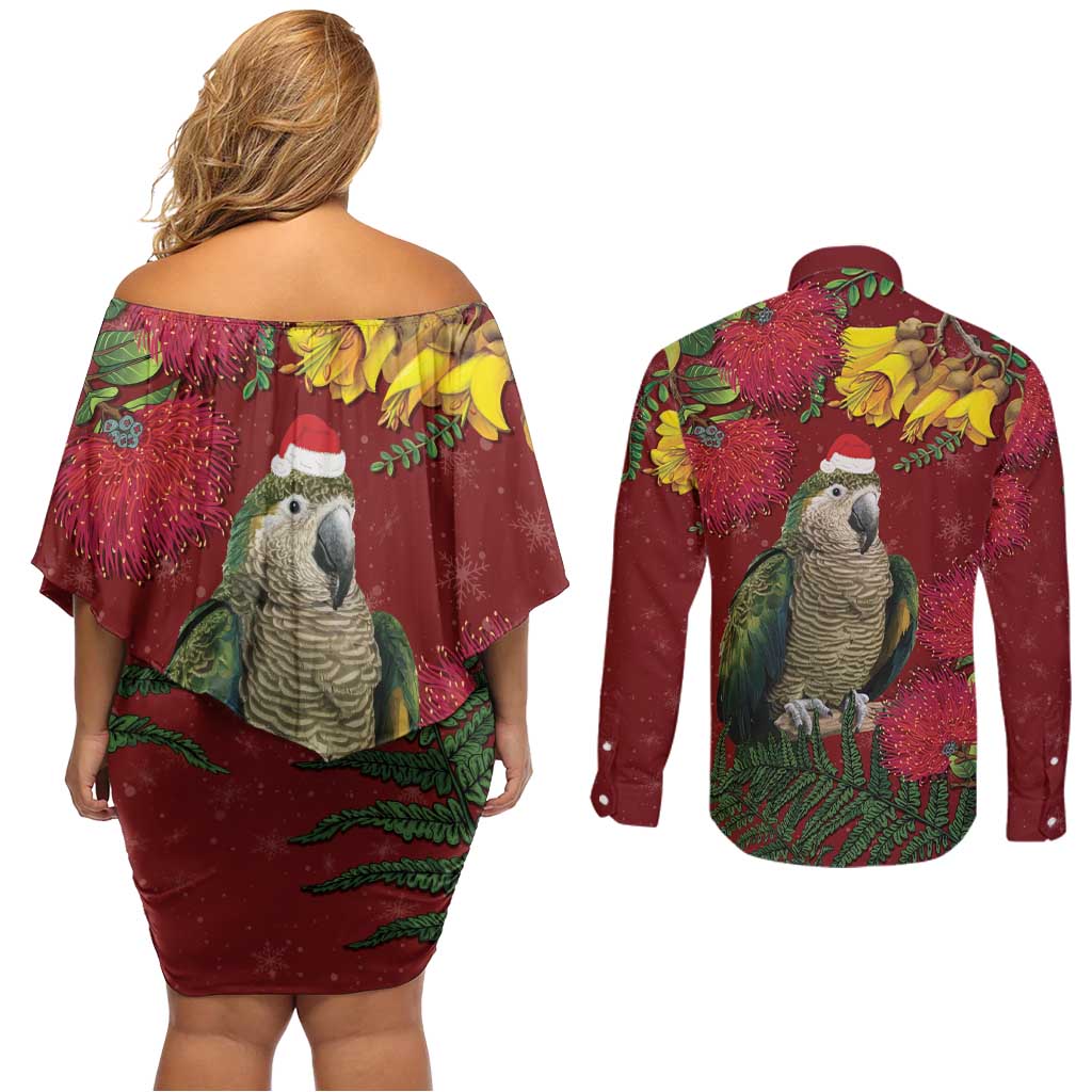 Kakapo Bird New Zealand Couples Matching Off Shoulder Short Dress and Long Sleeve Button Shirt Floral Christmas