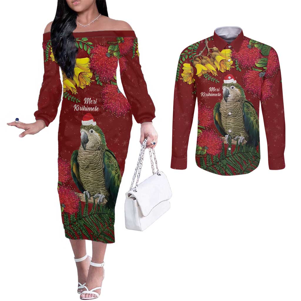 Kakapo Bird New Zealand Couples Matching Off The Shoulder Long Sleeve Dress and Long Sleeve Button Shirt Floral Christmas