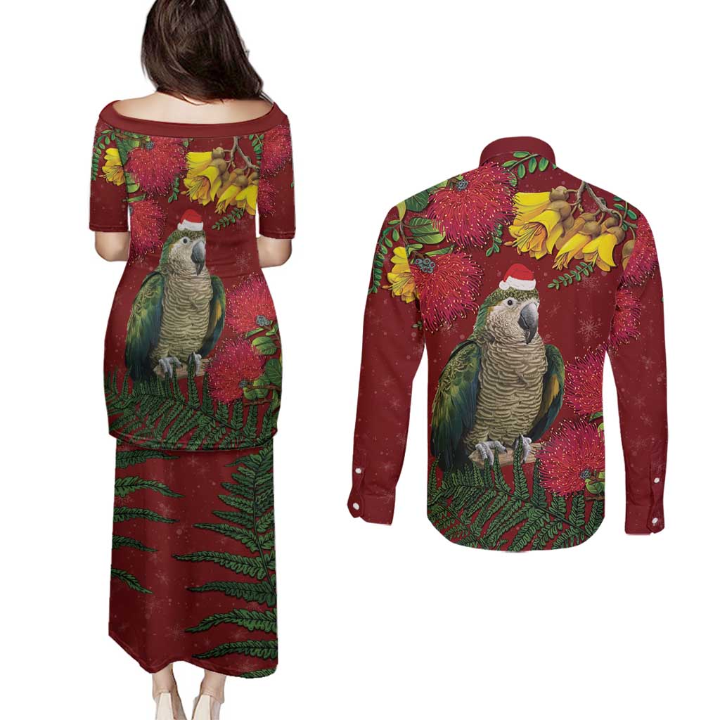 Kakapo Bird New Zealand Couples Matching Puletasi and Long Sleeve Button Shirt Floral Christmas
