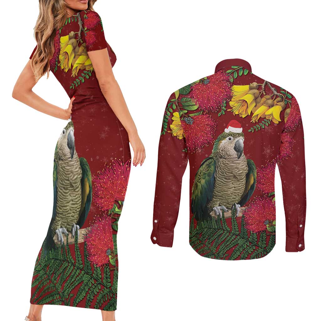 Kakapo Bird New Zealand Couples Matching Short Sleeve Bodycon Dress and Long Sleeve Button Shirt Floral Christmas