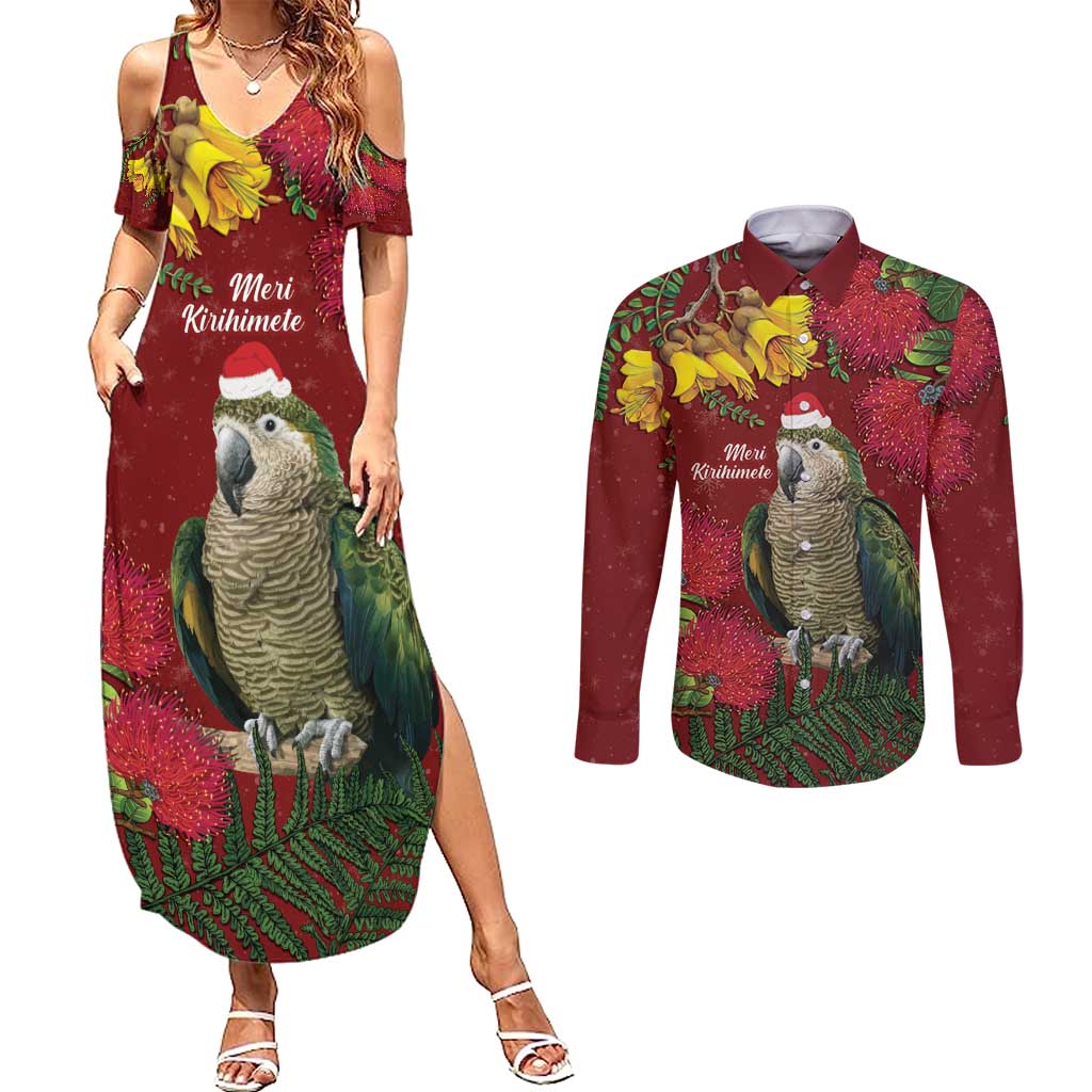 Kakapo Bird New Zealand Couples Matching Summer Maxi Dress and Long Sleeve Button Shirt Floral Christmas