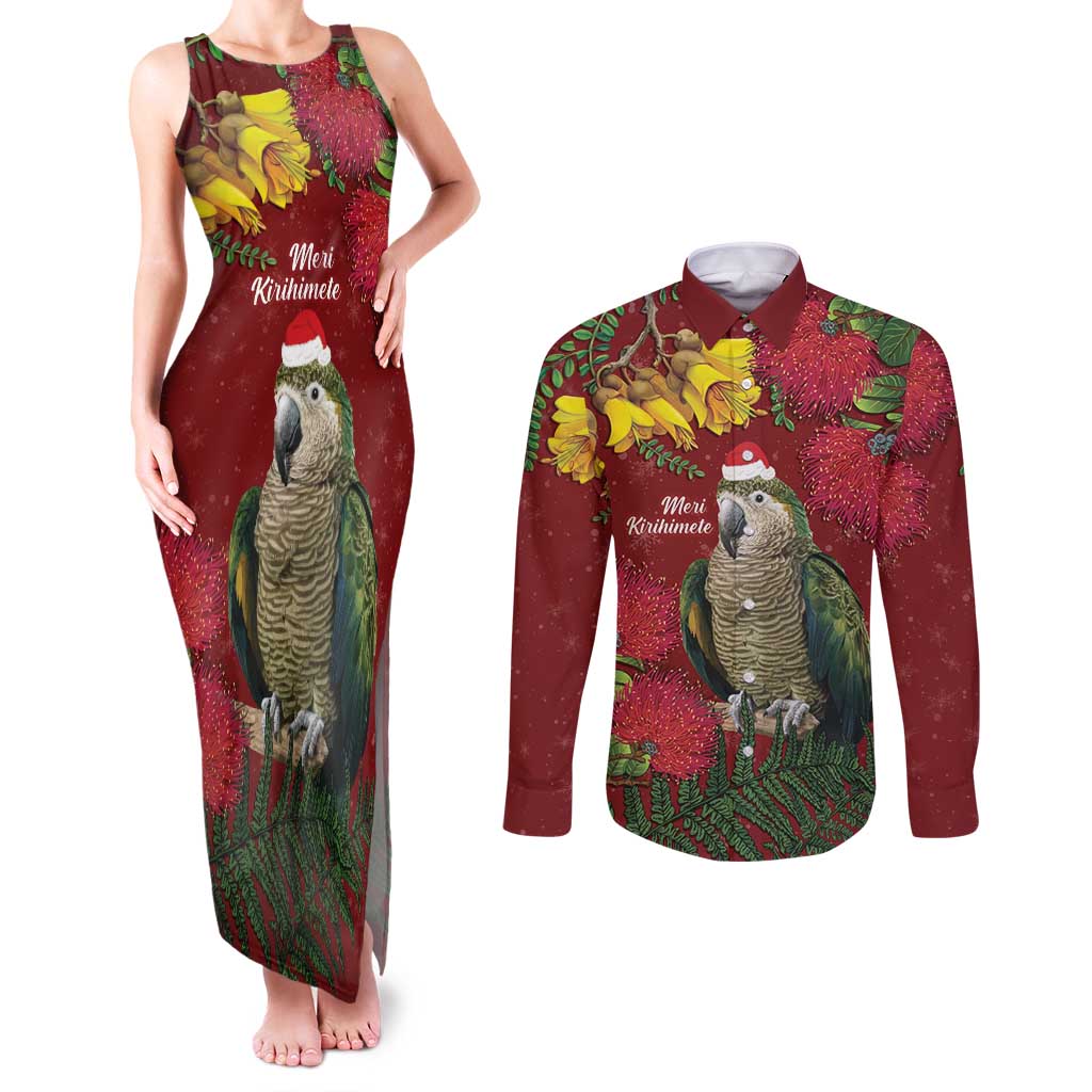 Kakapo Bird New Zealand Couples Matching Tank Maxi Dress and Long Sleeve Button Shirt Floral Christmas