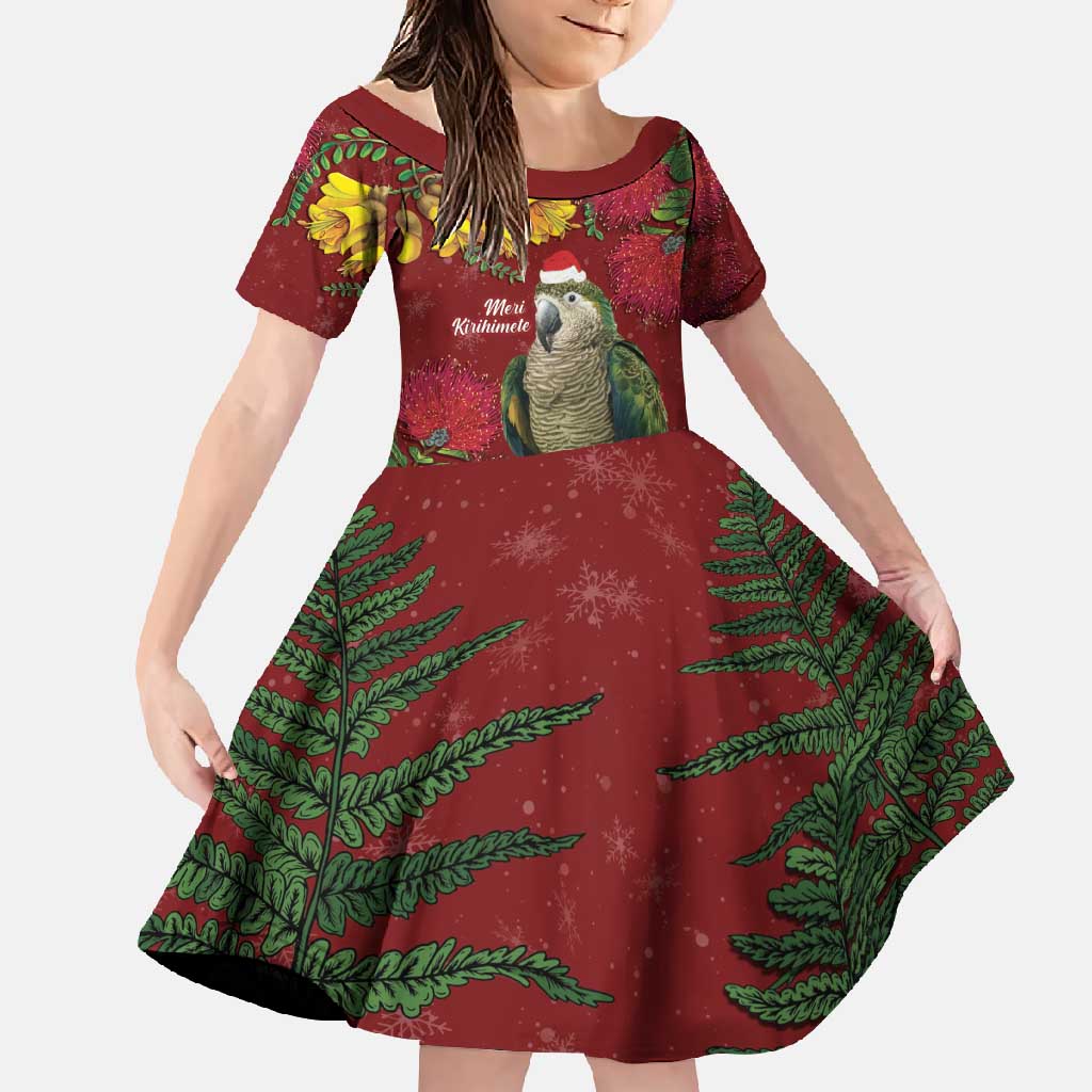 Kakapo Bird New Zealand Family Matching Off Shoulder Maxi Dress and Hawaiian Shirt Floral Christmas LT7 Daughter's Dress Red - Polynesian Pride