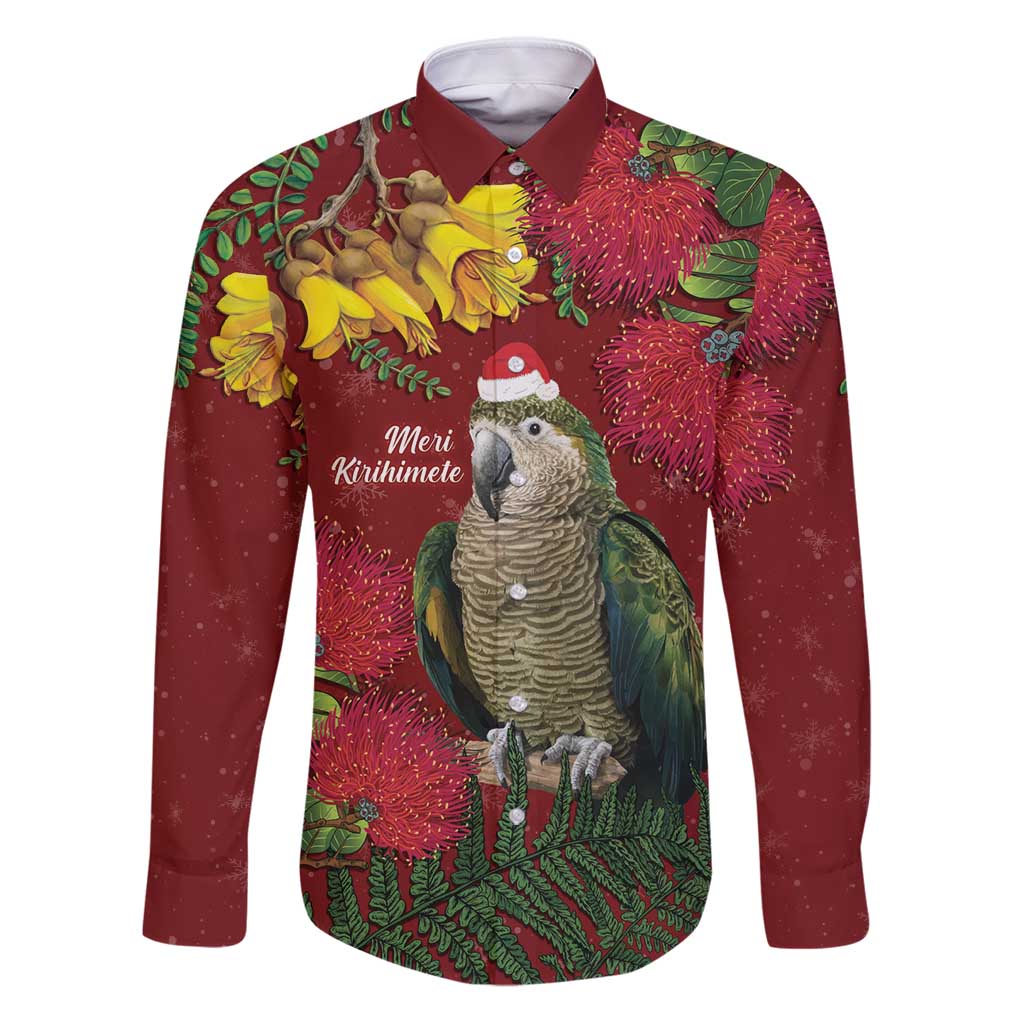 Kakapo Bird New Zealand Family Matching Puletasi and Hawaiian Shirt Floral Christmas LT7 Dad's Shirt - Long Sleeve Red - Polynesian Pride