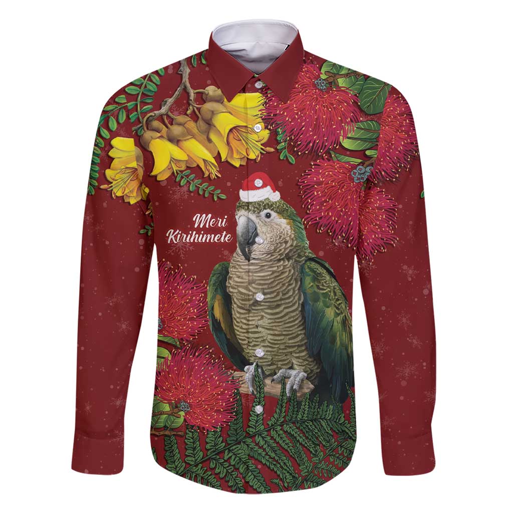 Kakapo Bird New Zealand Family Matching Short Sleeve Bodycon Dress and Hawaiian Shirt Floral Christmas LT7 Dad's Shirt - Long Sleeve Red - Polynesian Pride