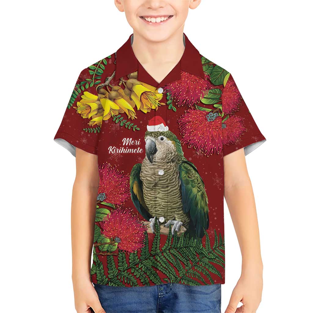 Kakapo Bird New Zealand Family Matching Short Sleeve Bodycon Dress and Hawaiian Shirt Floral Christmas LT7 Son's Shirt Red - Polynesian Pride