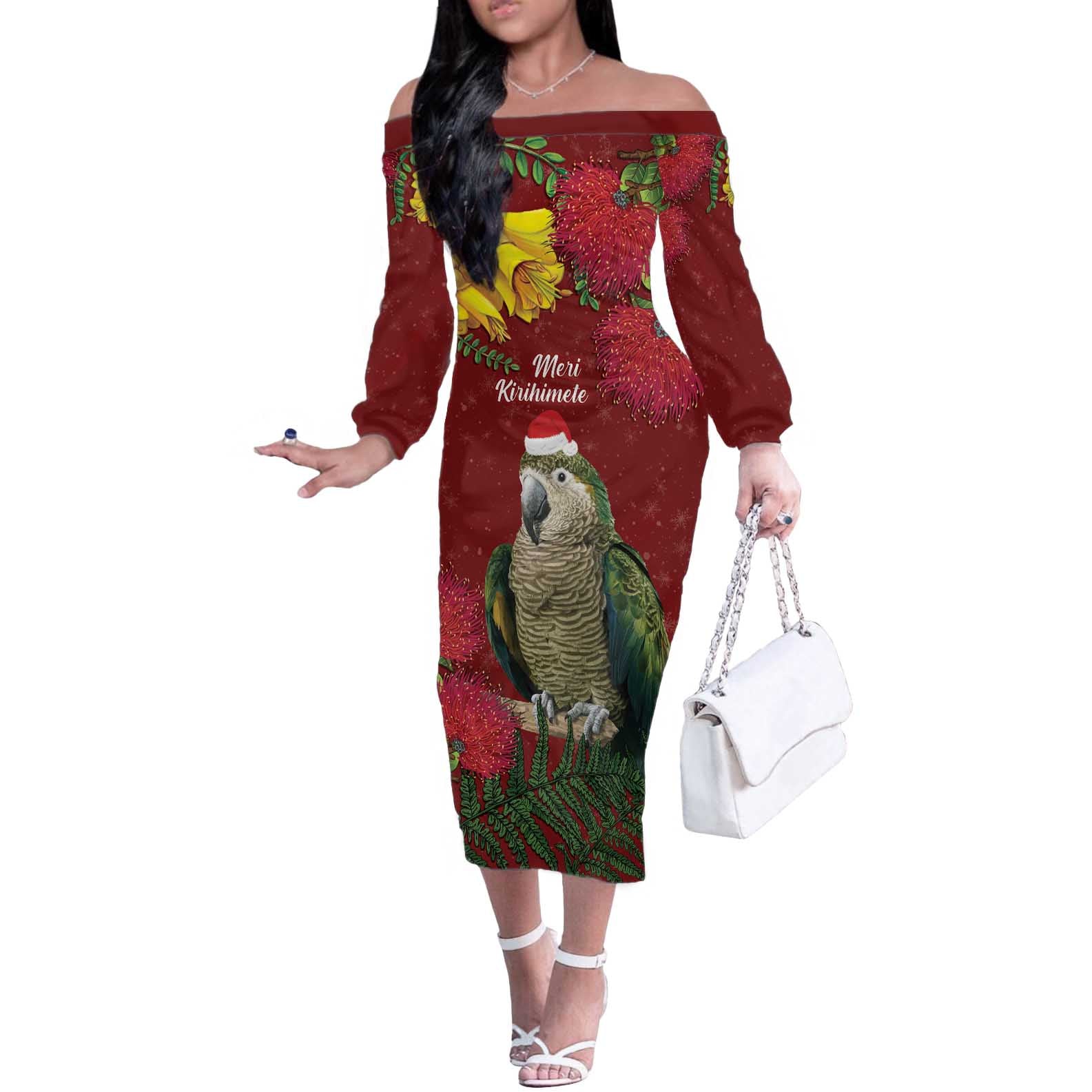 Kakapo Bird New Zealand Off The Shoulder Long Sleeve Dress Floral Christmas