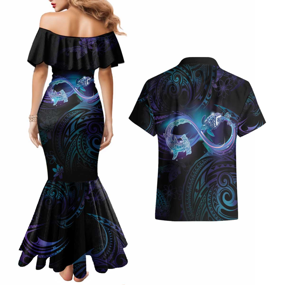 Polynesian Personalized Memorial Couples Matching Mermaid Dress and Hawaiian Shirt Oceanic Infinity Symbol - Until We Meet Again - Polynesian Pride
