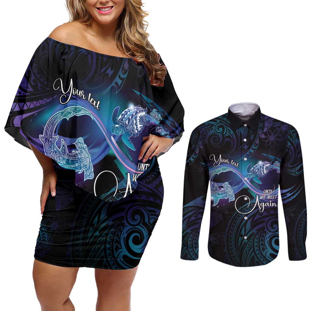 Polynesian Personalized Memorial Couples Matching Off Shoulder Short Dress and Long Sleeve Button Shirt Oceanic Infinity Symbol - Until We Meet Again - Polynesian Pride