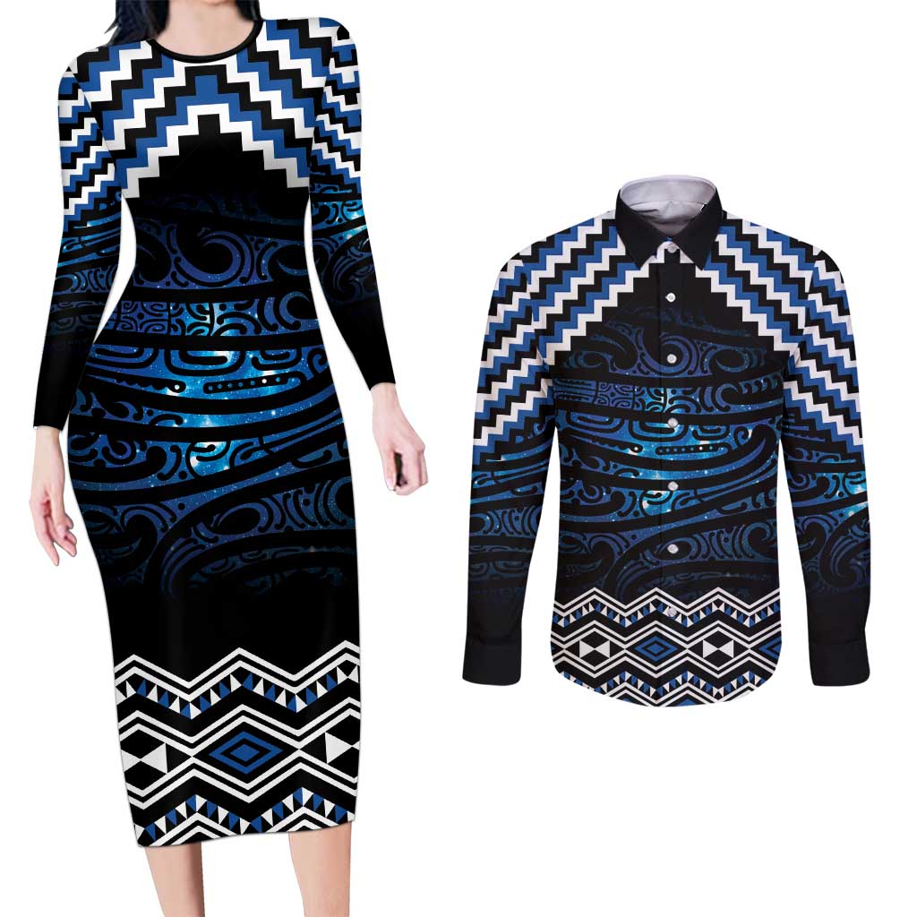 New Zealand Matariki Couples Matching Long Sleeve Bodycon Dress and Long Sleeve Button Shirt Galaxy Styled Taniko LT7 Blue - Polynesian Pride