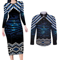 New Zealand Matariki Couples Matching Long Sleeve Bodycon Dress and Long Sleeve Button Shirt Galaxy Styled Taniko LT7 Blue - Polynesian Pride
