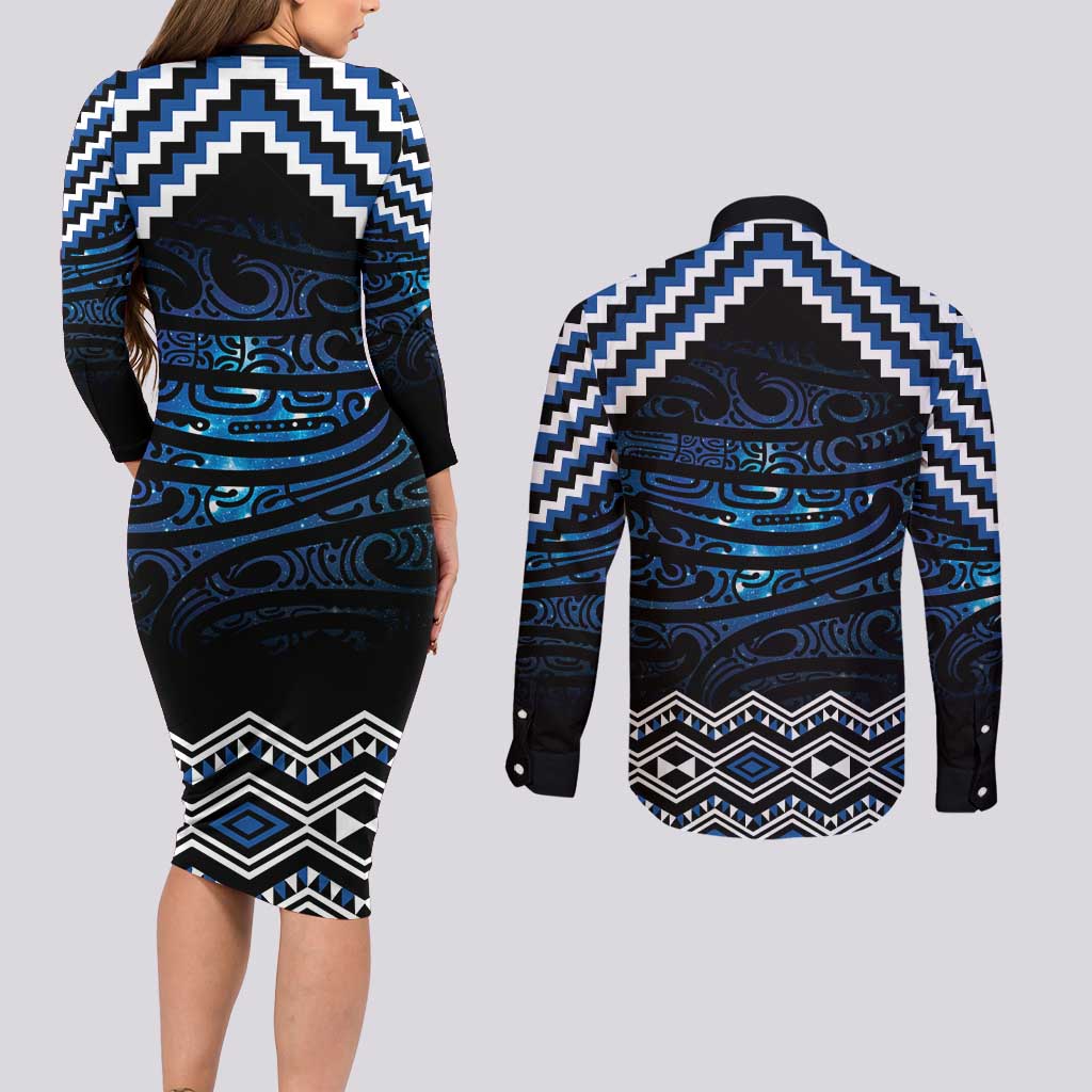 New Zealand Matariki Couples Matching Long Sleeve Bodycon Dress and Long Sleeve Button Shirt Galaxy Styled Taniko LT7 - Polynesian Pride