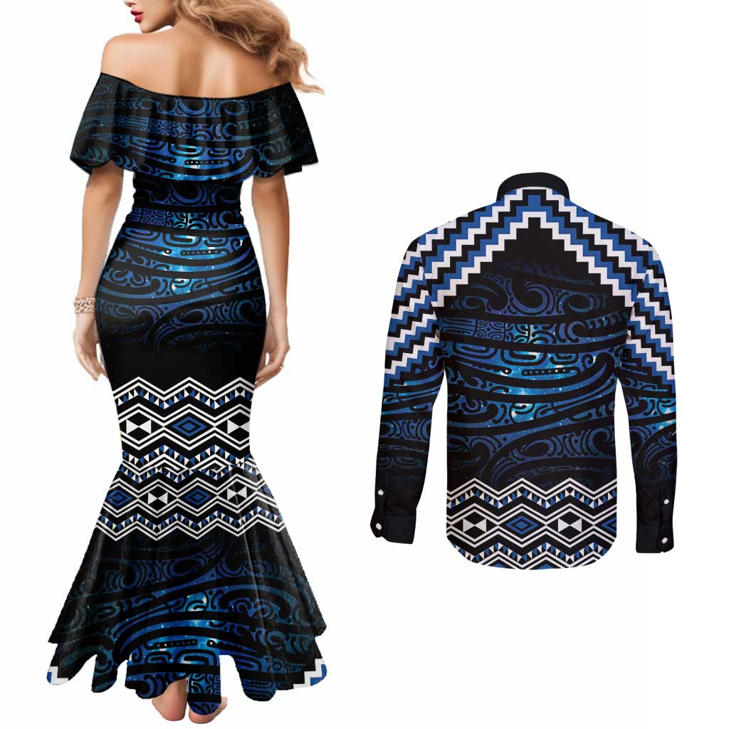 New Zealand Matariki Couples Matching Mermaid Dress and Long Sleeve Button Shirt Galaxy Styled Taniko LT7 - Polynesian Pride