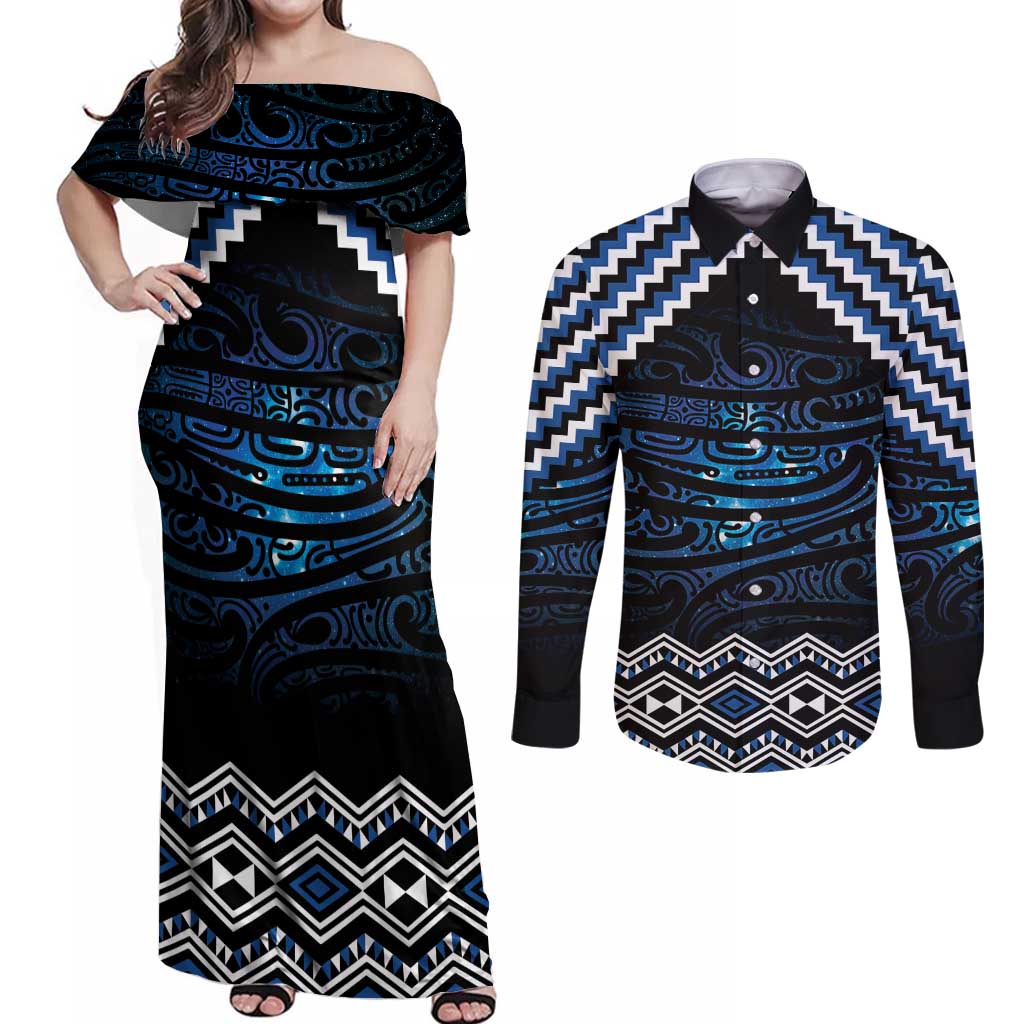 New Zealand Matariki Couples Matching Off Shoulder Maxi Dress and Long Sleeve Button Shirt Galaxy Styled Taniko LT7 Blue - Polynesian Pride