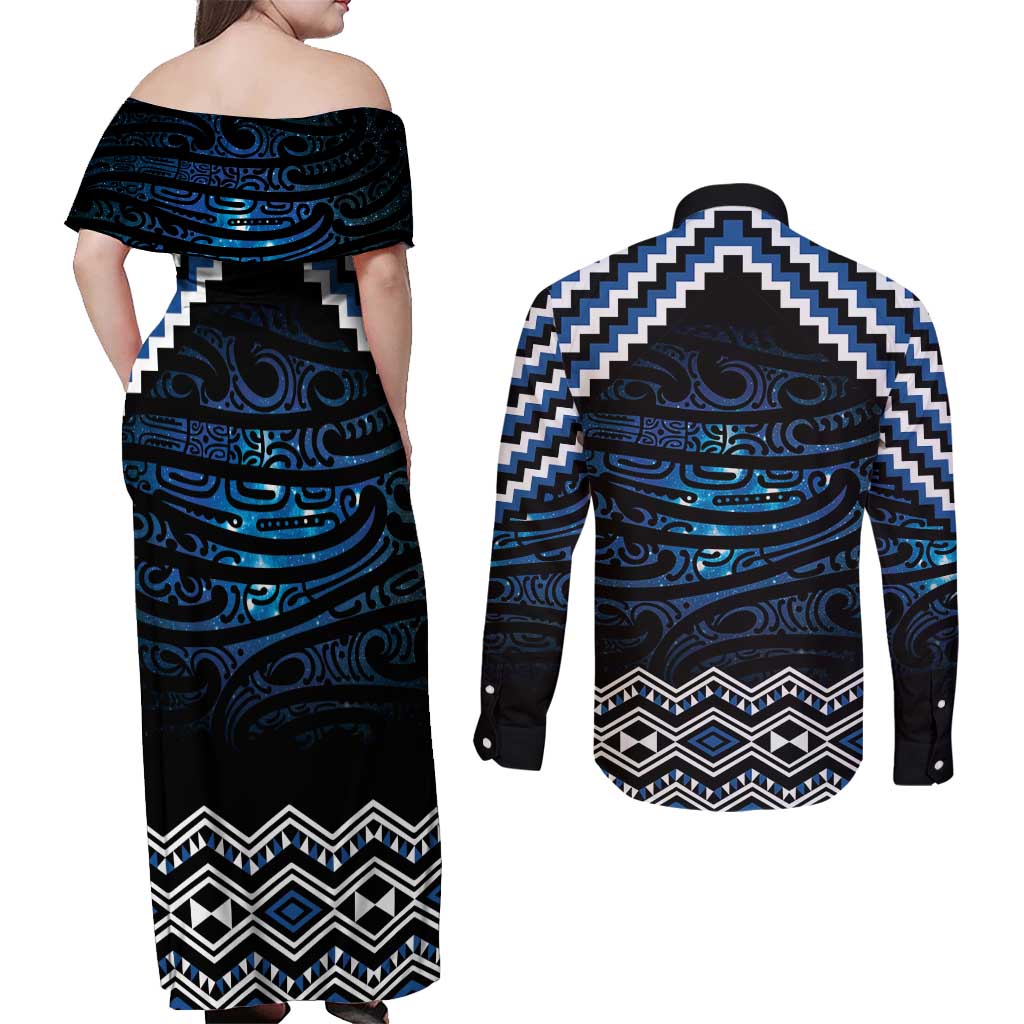 New Zealand Matariki Couples Matching Off Shoulder Maxi Dress and Long Sleeve Button Shirt Galaxy Styled Taniko LT7 - Polynesian Pride