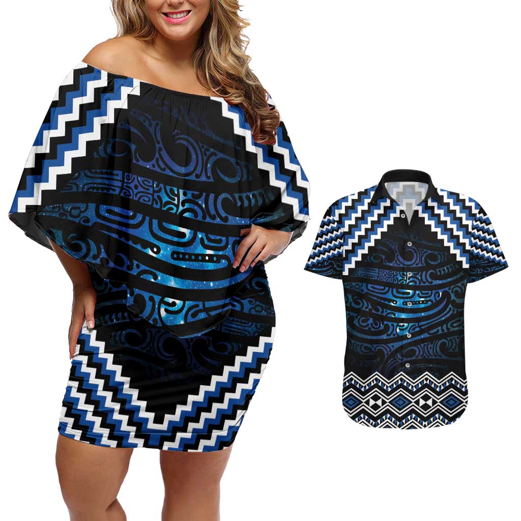 New Zealand Matariki Couples Matching Off Shoulder Short Dress and Hawaiian Shirt Galaxy Styled Taniko LT7 Blue - Polynesian Pride
