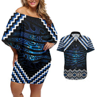 New Zealand Matariki Couples Matching Off Shoulder Short Dress and Hawaiian Shirt Galaxy Styled Taniko LT7 Blue - Polynesian Pride