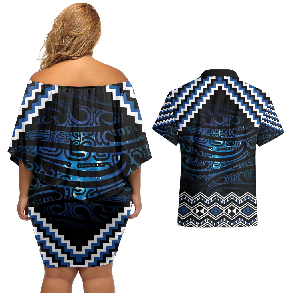 New Zealand Matariki Couples Matching Off Shoulder Short Dress and Hawaiian Shirt Galaxy Styled Taniko LT7 - Polynesian Pride