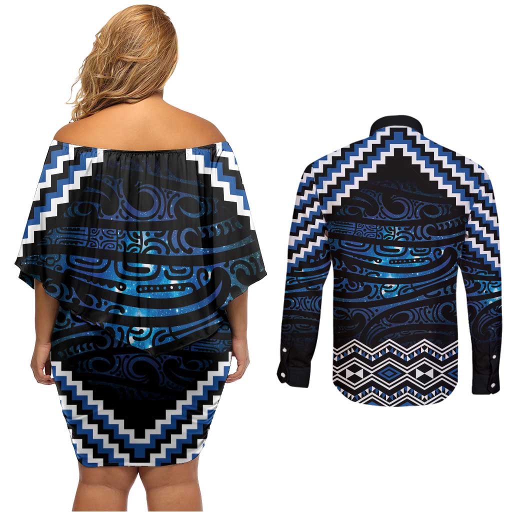 New Zealand Matariki Couples Matching Off Shoulder Short Dress and Long Sleeve Button Shirt Galaxy Styled Taniko LT7 - Polynesian Pride