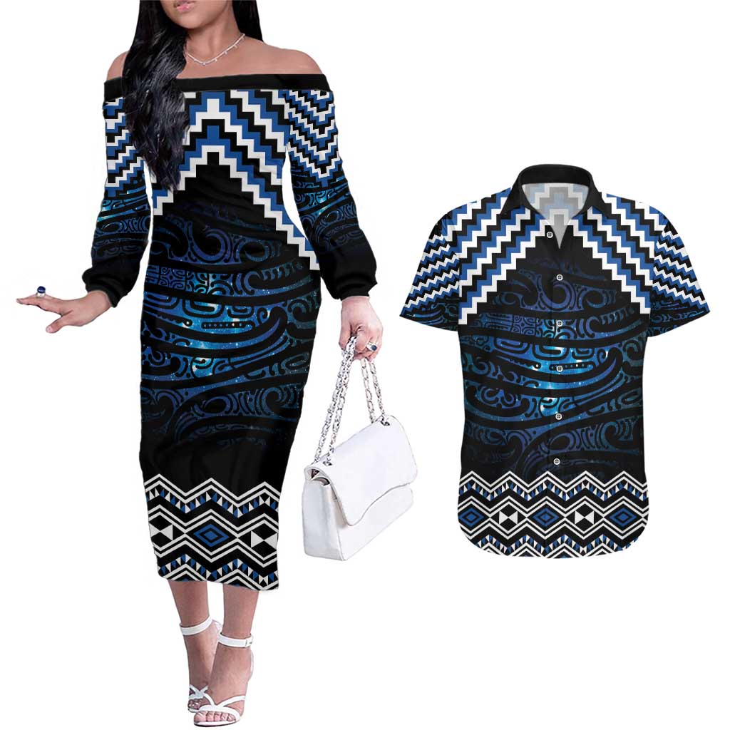 New Zealand Matariki Couples Matching Off The Shoulder Long Sleeve Dress and Hawaiian Shirt Galaxy Styled Taniko
