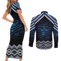 New Zealand Matariki Couples Matching Short Sleeve Bodycon Dress and Long Sleeve Button Shirt Galaxy Styled Taniko LT7 - Polynesian Pride