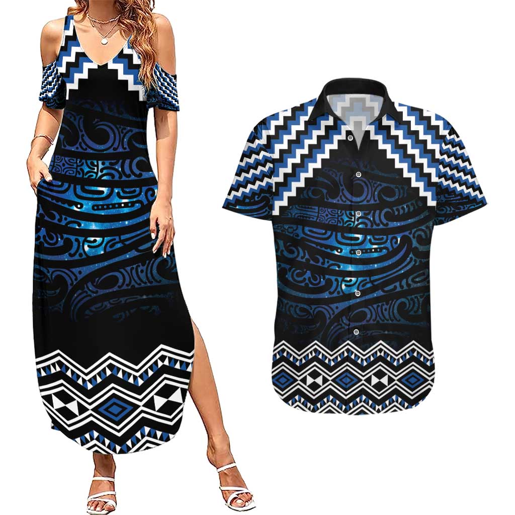 New Zealand Matariki Couples Matching Summer Maxi Dress and Hawaiian Shirt Galaxy Styled Taniko LT7 Blue - Polynesian Pride