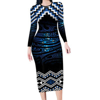 New Zealand Matariki Family Matching Long Sleeve Bodycon Dress and Hawaiian Shirt Galaxy Styled Taniko LT7 Mom's Dress Blue - Polynesian Pride
