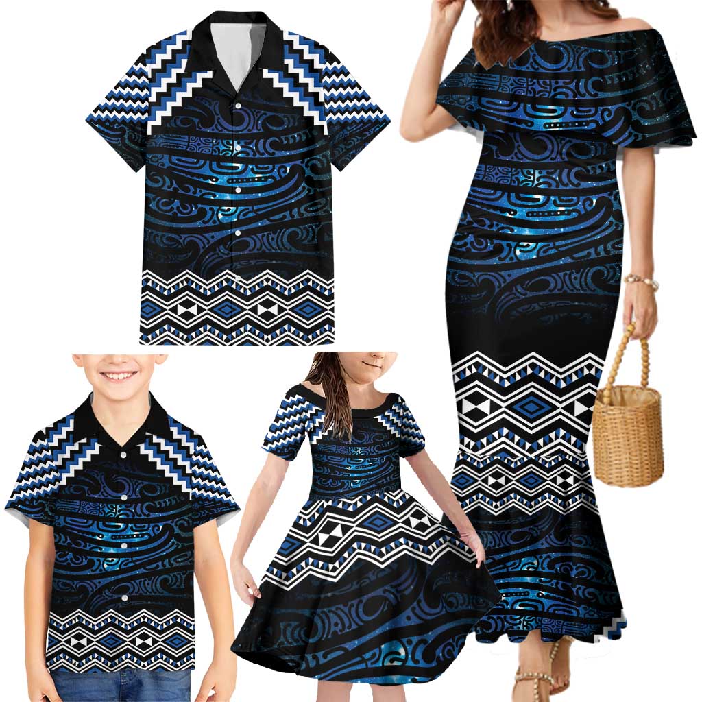 New Zealand Matariki Family Matching Mermaid Dress and Hawaiian Shirt Galaxy Styled Taniko LT7 - Polynesian Pride