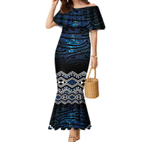 New Zealand Matariki Family Matching Mermaid Dress and Hawaiian Shirt Galaxy Styled Taniko LT7 Mom's Dress Blue - Polynesian Pride