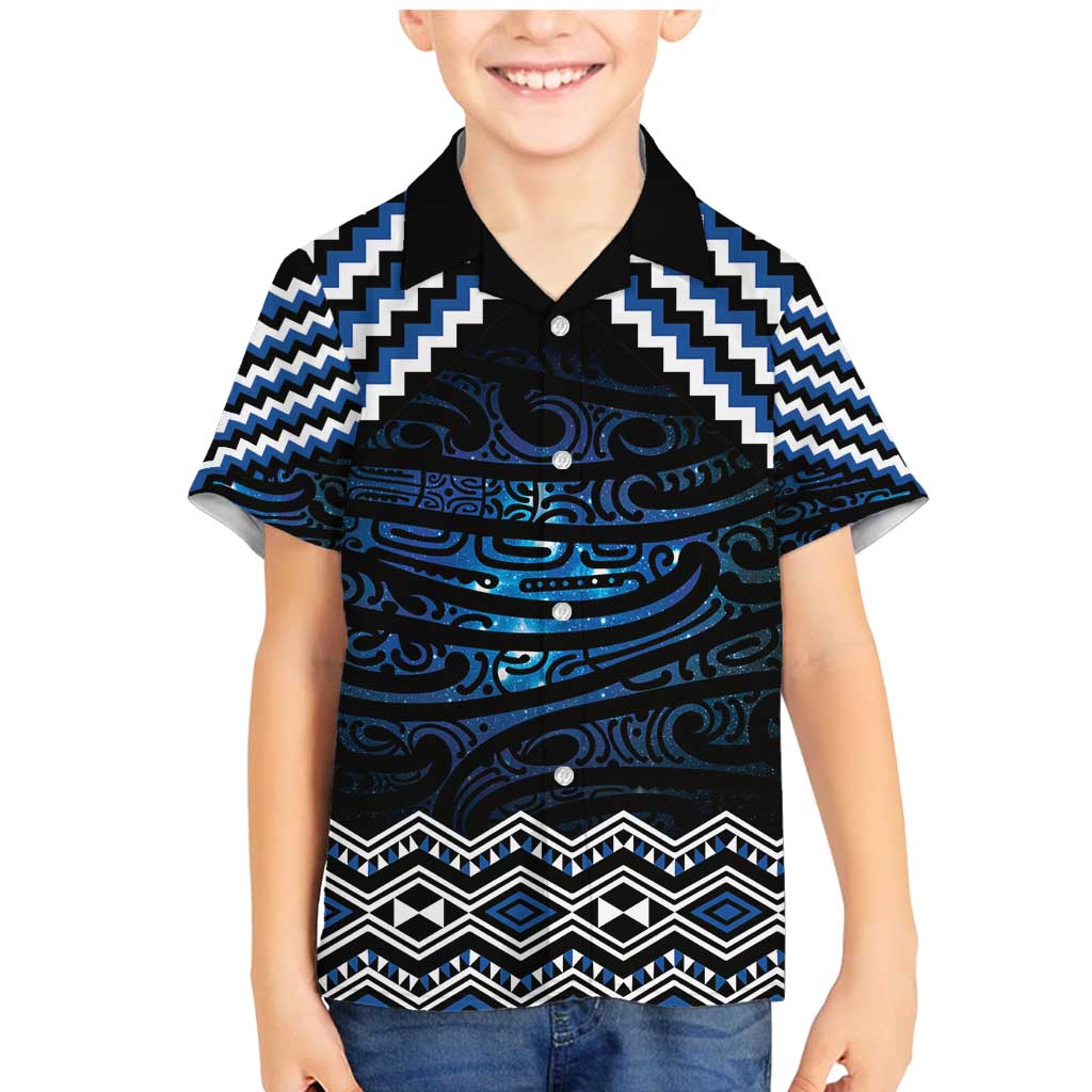 New Zealand Matariki Family Matching Mermaid Dress and Hawaiian Shirt Galaxy Styled Taniko LT7 Son's Shirt Blue - Polynesian Pride