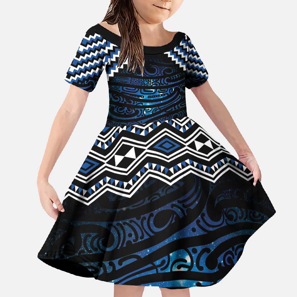New Zealand Matariki Family Matching Short Sleeve Bodycon Dress and Hawaiian Shirt Galaxy Styled Taniko LT7 Daughter's Dress Blue - Polynesian Pride