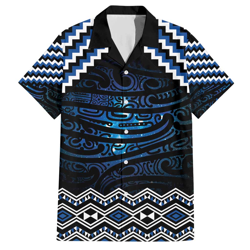 New Zealand Matariki Family Matching Short Sleeve Bodycon Dress and Hawaiian Shirt Galaxy Styled Taniko LT7 Dad's Shirt - Short Sleeve Blue - Polynesian Pride