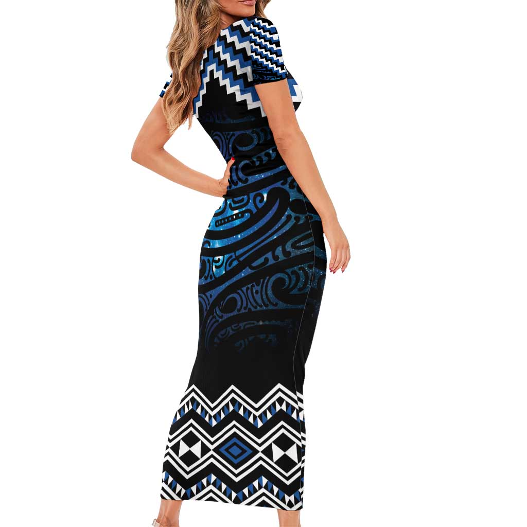 New Zealand Matariki Family Matching Short Sleeve Bodycon Dress and Hawaiian Shirt Galaxy Styled Taniko LT7 - Polynesian Pride