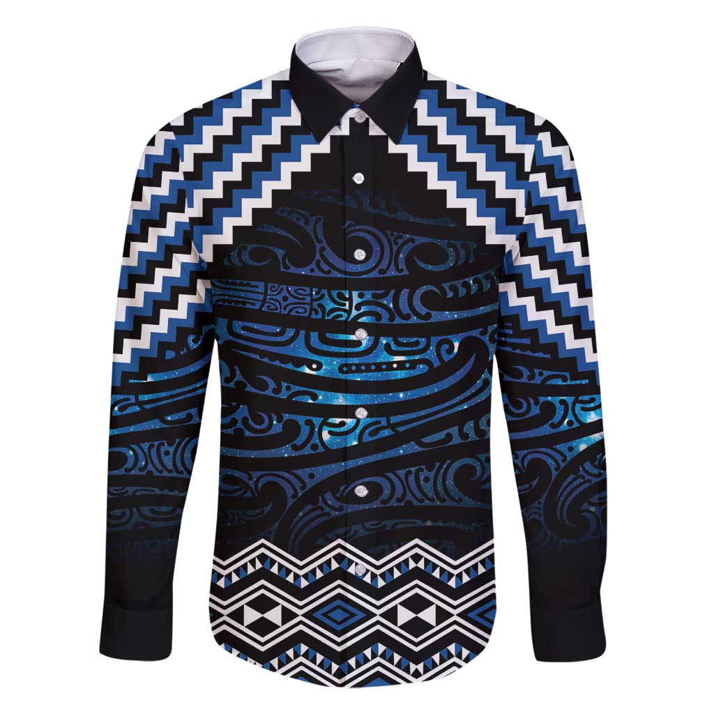New Zealand Matariki Family Matching Tank Maxi Dress and Hawaiian Shirt Galaxy Styled Taniko LT7 Dad's Shirt - Long Sleeve Blue - Polynesian Pride
