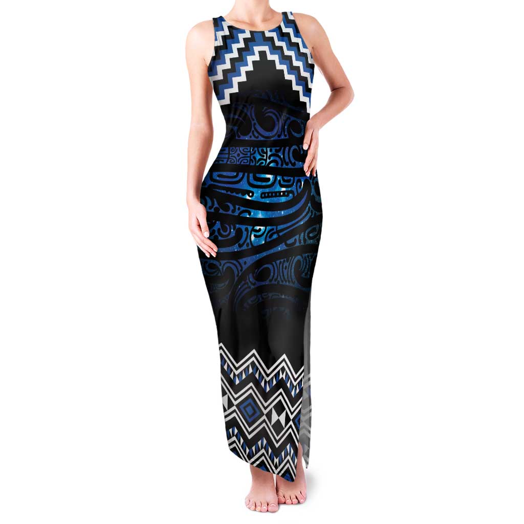 New Zealand Matariki Family Matching Tank Maxi Dress and Hawaiian Shirt Galaxy Styled Taniko LT7 Mom's Dress Blue - Polynesian Pride