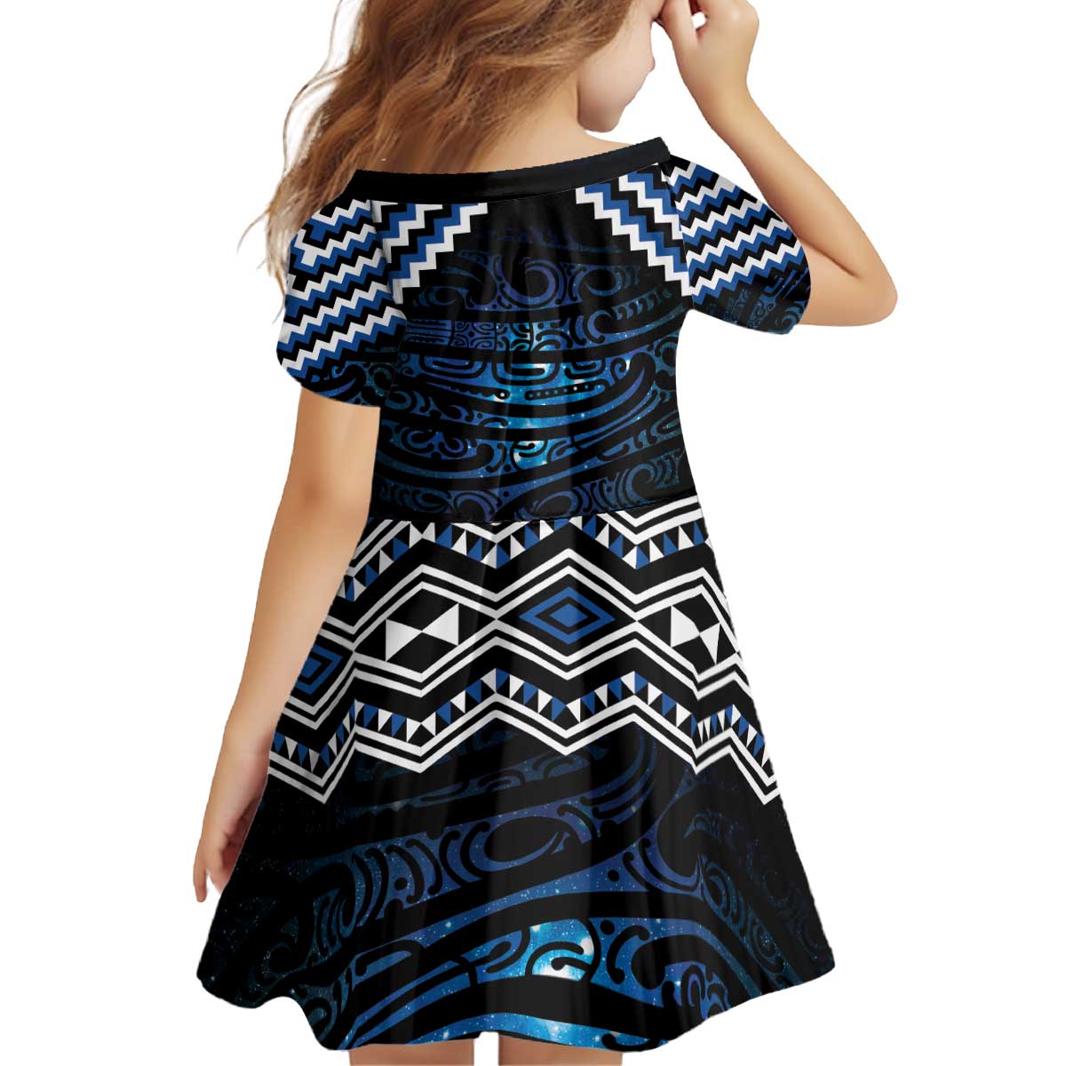 New Zealand Matariki Kid Short Sleeve Dress Galaxy Styled Taniko