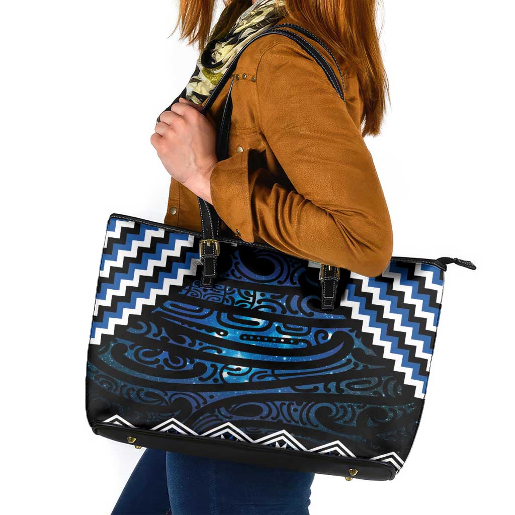 New Zealand Matariki Leather Tote Bag Galaxy Styled Taniko LT7 Blue - Polynesian Pride