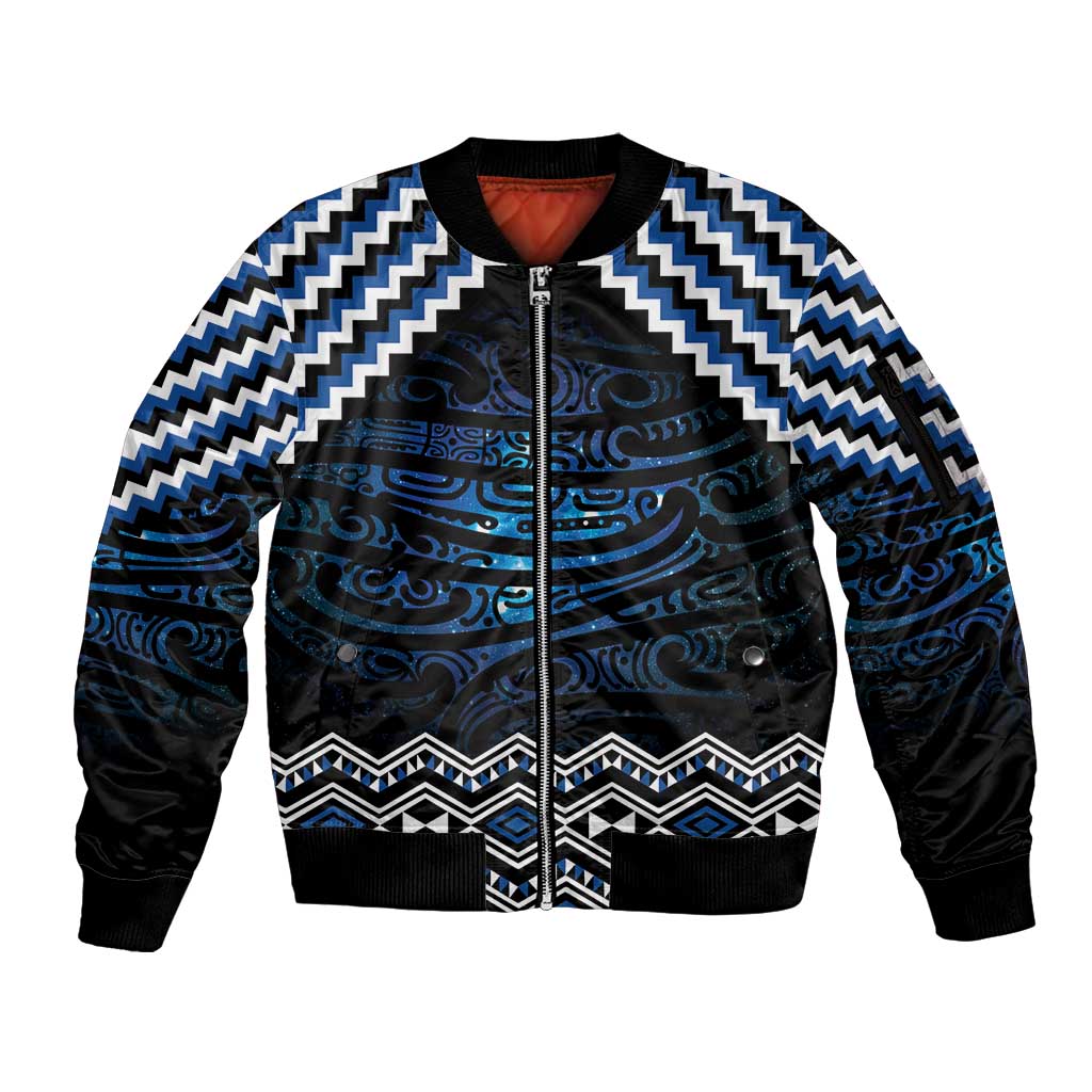 New Zealand Matariki Sleeve Zip Bomber Jacket Galaxy Styled Taniko LT7 Unisex Blue - Polynesian Pride